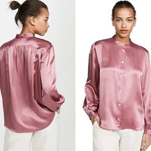 VINCE Shirred Band-Collar 100% Silk Satin Blouse in  Rose Root Color  sz M  $345